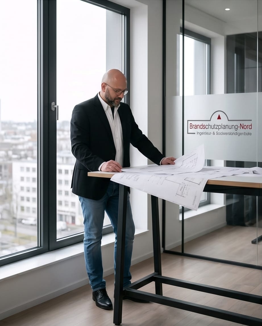 Brandschutzingenieur am Planungstisch mit Bauplänen