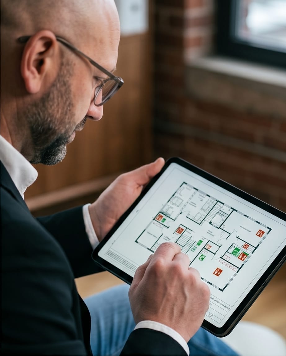 Prüfung eines Flucht- und Rettungsplans am Tablet
